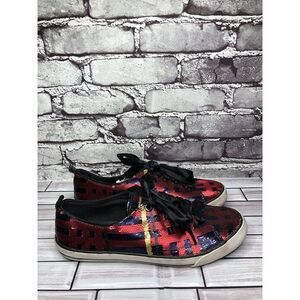 Coach Willa Sequin Black Red Plaid Casual Ribbon Lace Sneaker Shoes Women Sz 7.5